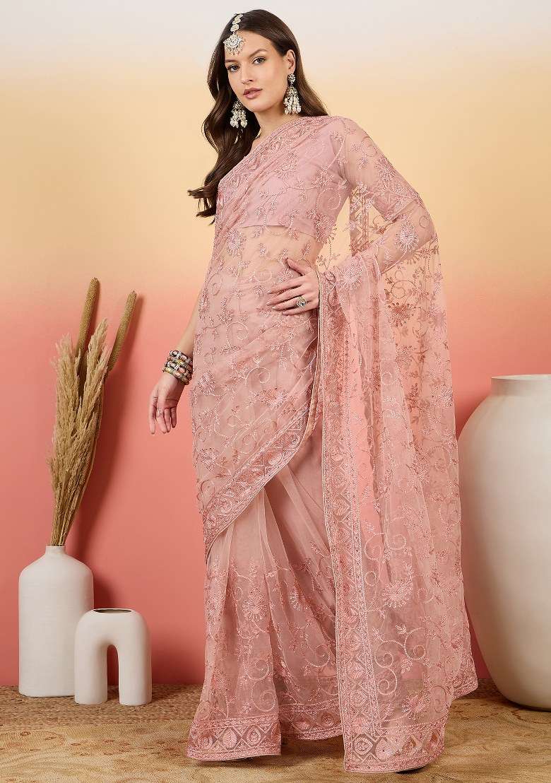 Dusty Pink Net Saree Set with Embroidered for Diwali | Wedding & Festive Wear - Indya