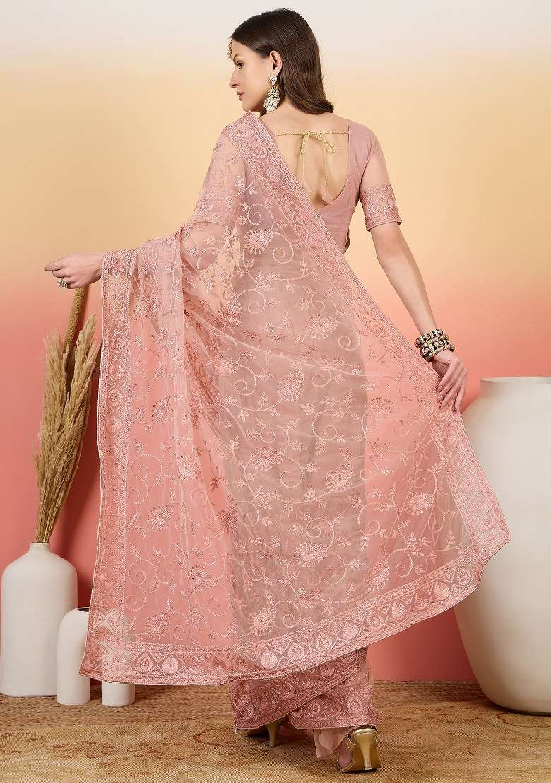 Dusty Pink Net Saree Set with Embroidered for Diwali | Wedding & Festive Wear - Indya