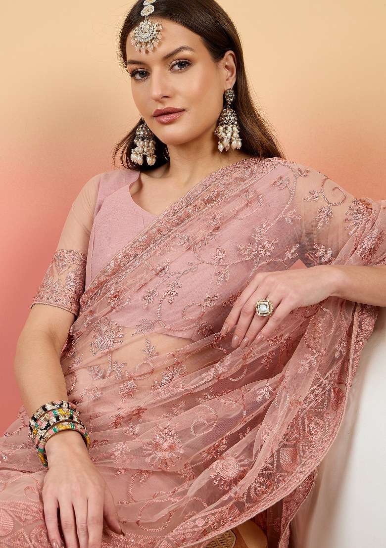Dusty Pink Net Saree Set with Embroidered for Diwali | Wedding & Festive Wear - Indya
