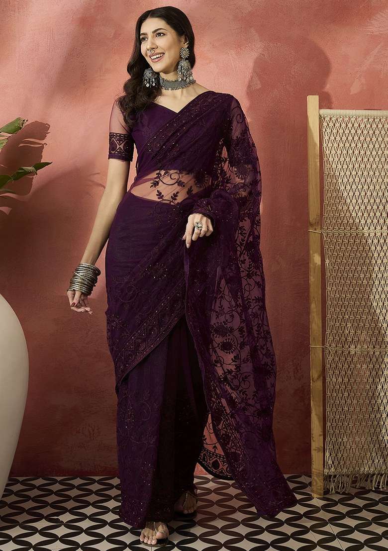 Burgundy Embroidered Net Saree Set for Diwali and Festive Wear - Indya