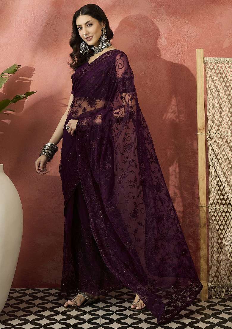 Burgundy Embroidered Net Saree Set for Diwali and Festive Wear - Indya