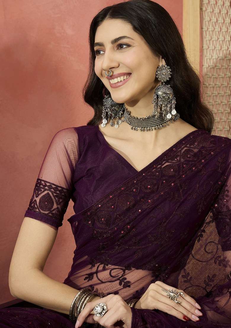 Burgundy Embroidered Net Saree Set for Diwali and Festive Wear - Indya