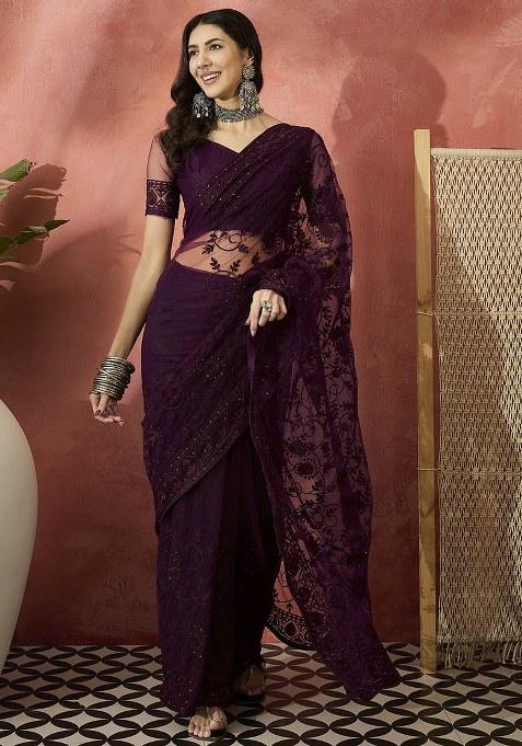 Burgundy Embroidered Net Saree Set