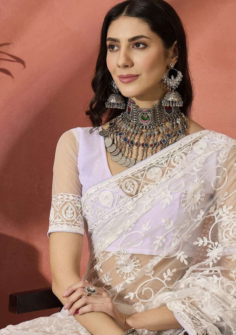 White Embroidered Net Saree Set for Diwali and Festive Wear - Indya