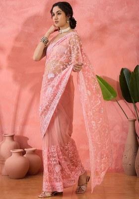 Pink Embroidered Net Saree Set