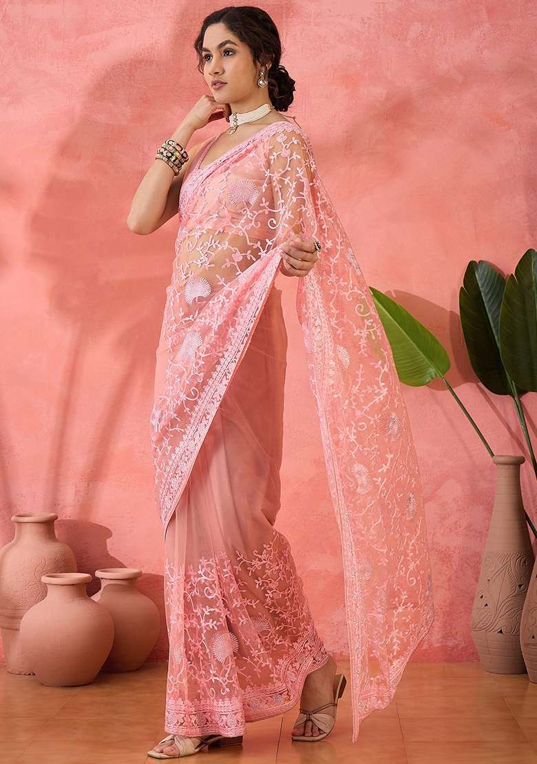 Pink Embroidered Net Saree Set for Diwali and Festive Wear - Indya