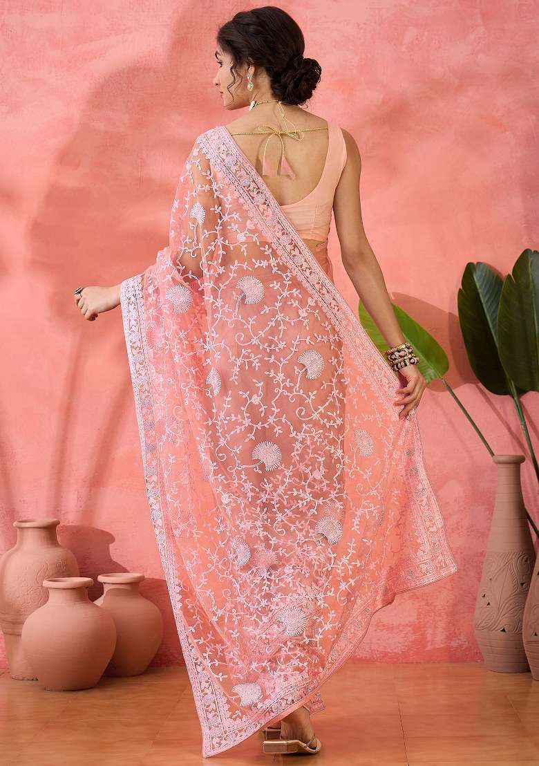 Pink Embroidered Net Saree Set for Diwali and Festive Wear - Indya