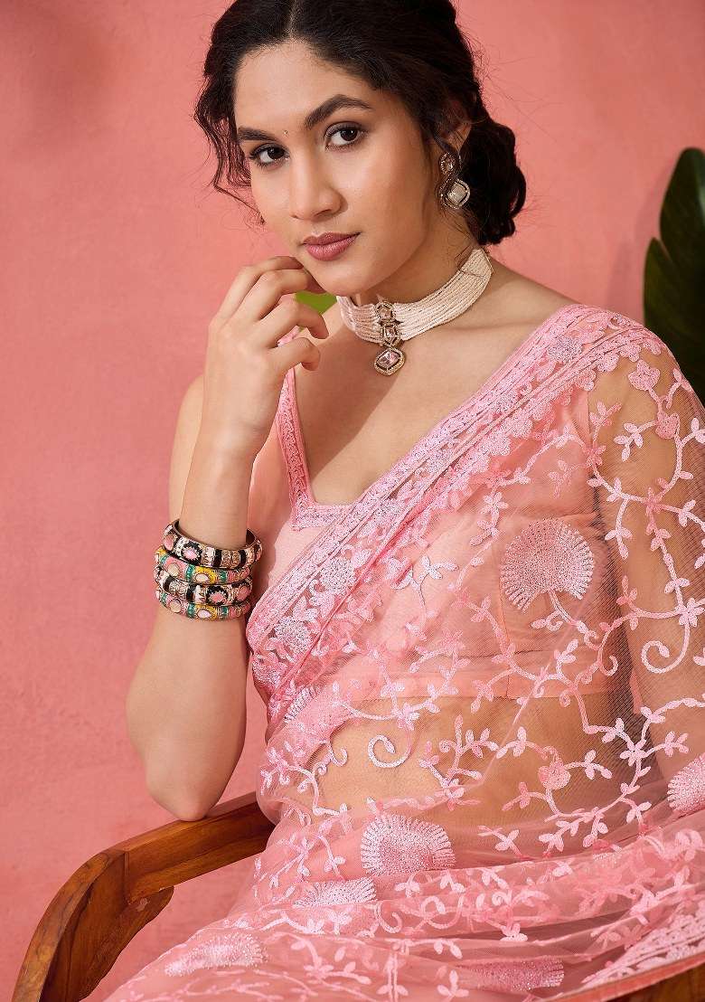 Pink Embroidered Net Saree Set for Diwali and Festive Wear - Indya