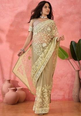 Yellow Embroidered Net Saree Set