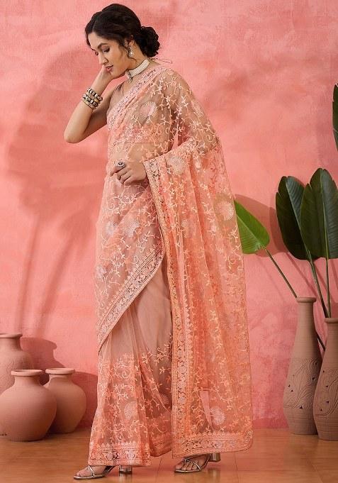 Peach Embroidered Net Saree Set