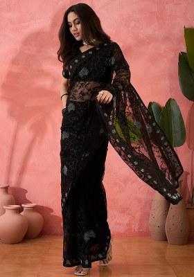 Black Embroidered Net Saree Set