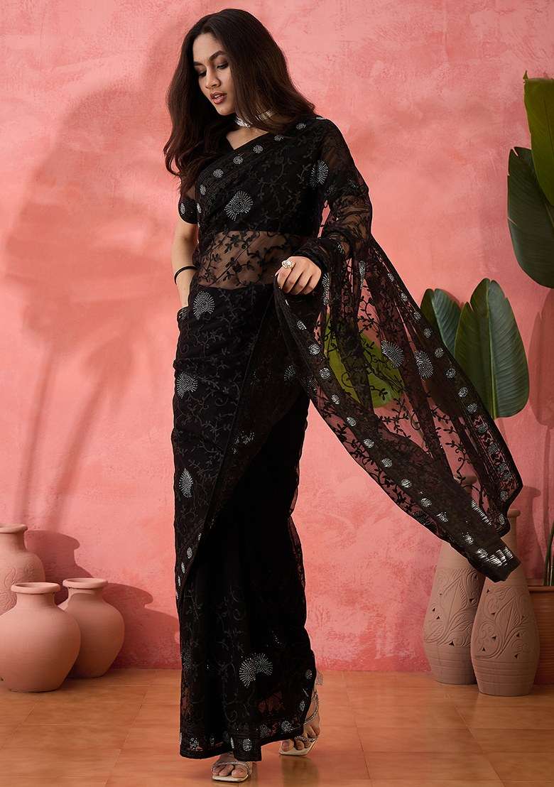 Black Embroidered Net Saree Set - Indya