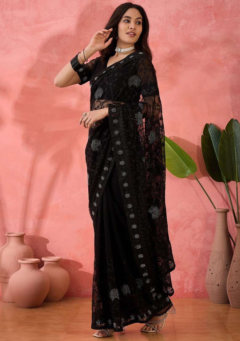 Black Embroidered Net Saree Set - Indya