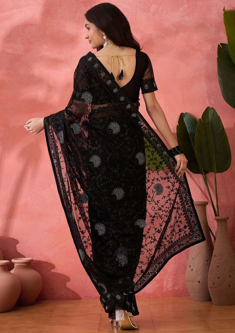 Black Embroidered Net Saree Set - Indya