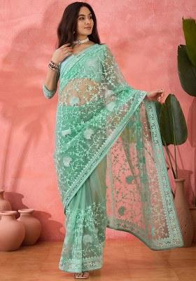 Sea Green Embroidered Net Saree Set