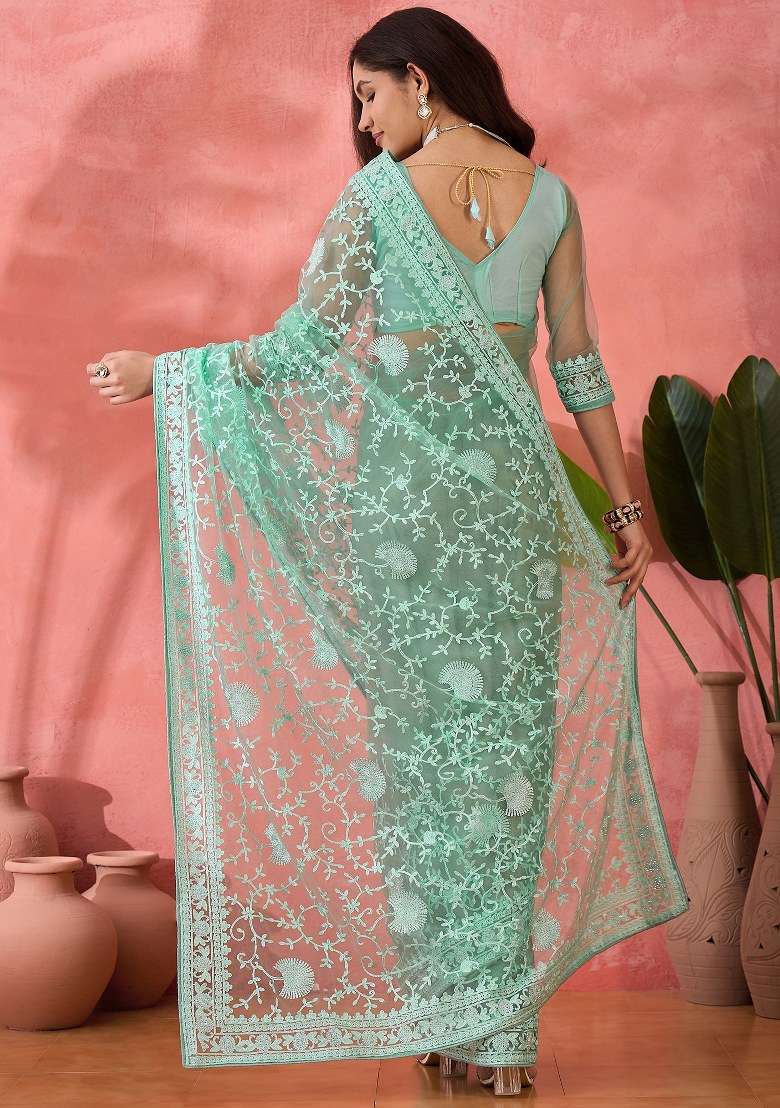 Sea Green Net Saree Set with Embroidered for Diwali | Wedding & Festive Wear - Indya
