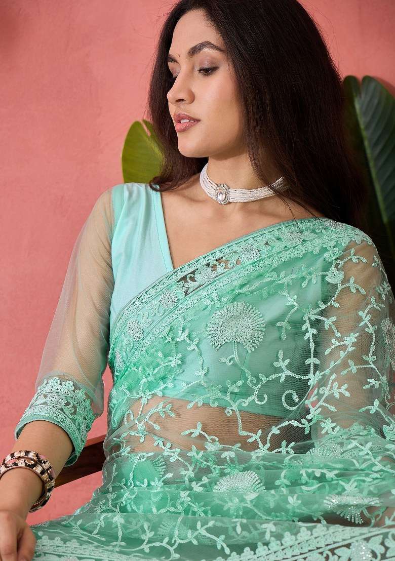 Sea Green Net Saree Set with Embroidered for Diwali | Wedding & Festive Wear - Indya
