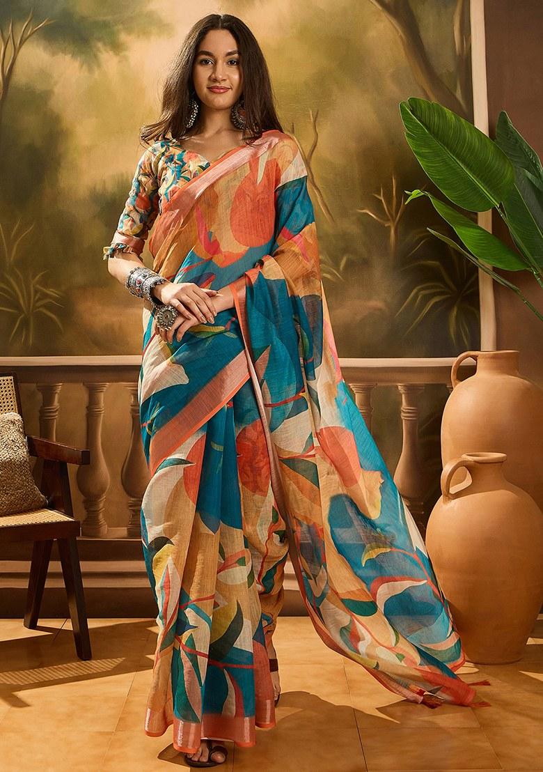 Multicolor Embroidered Cotton Blend Saree Set