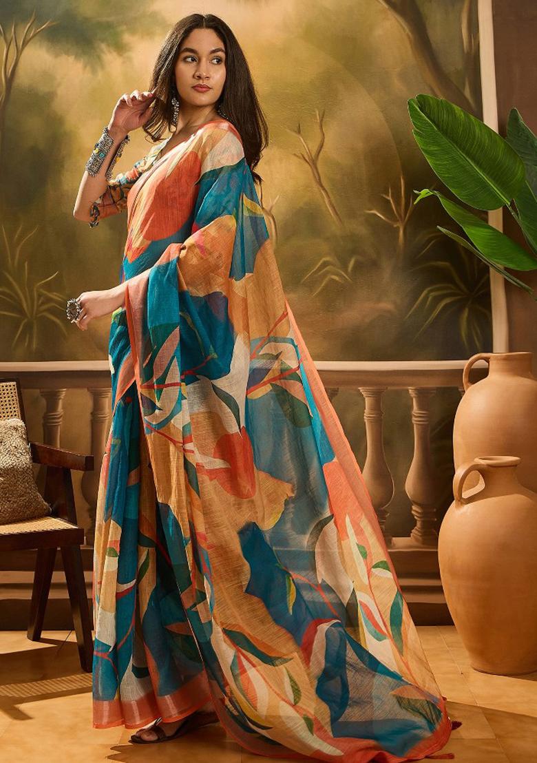 Multicolor Embroidered Cotton Blend Saree Set