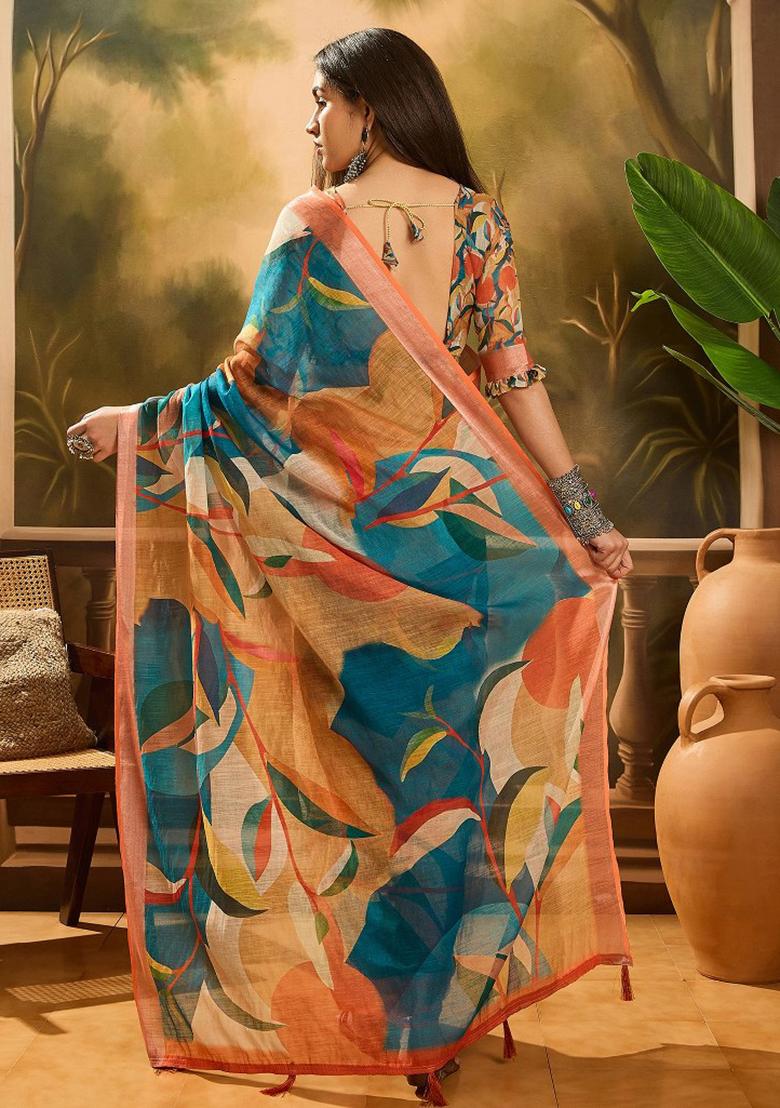 Multicolor Embroidered Cotton Blend Saree Set