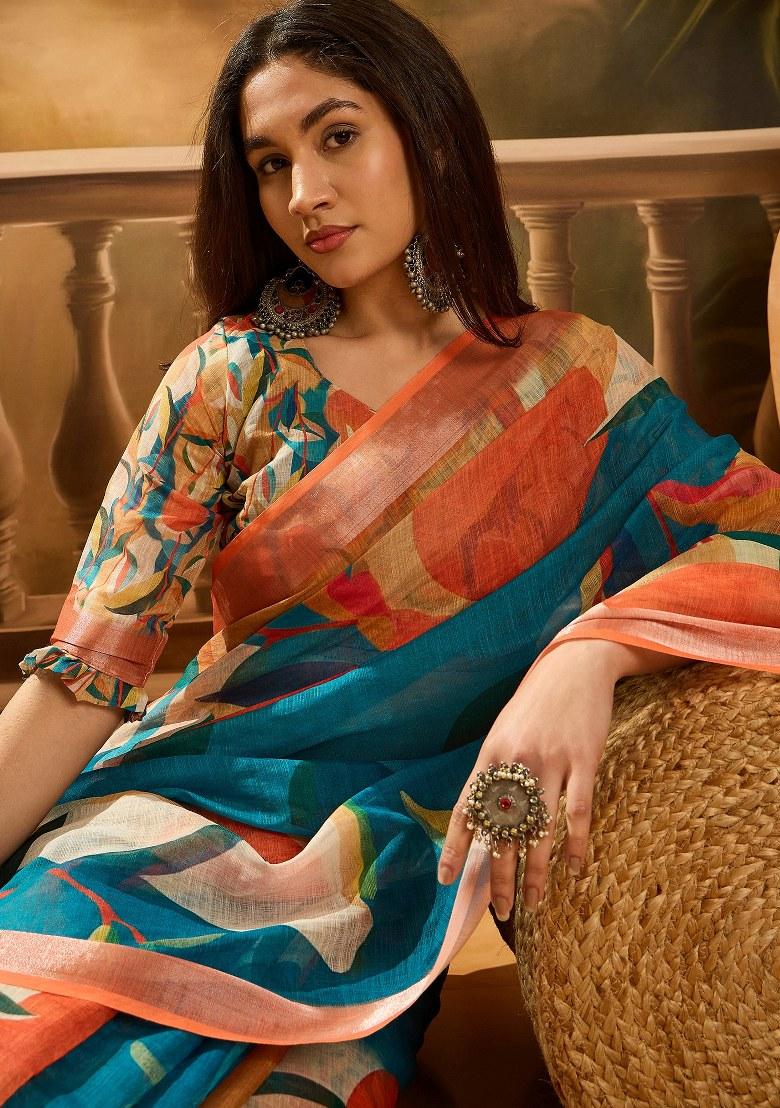 Multicolor Embroidered Cotton Blend Saree Set