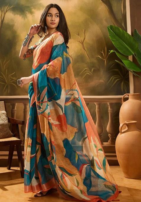 Multicolor Embroidered Cotton Blend Saree Set