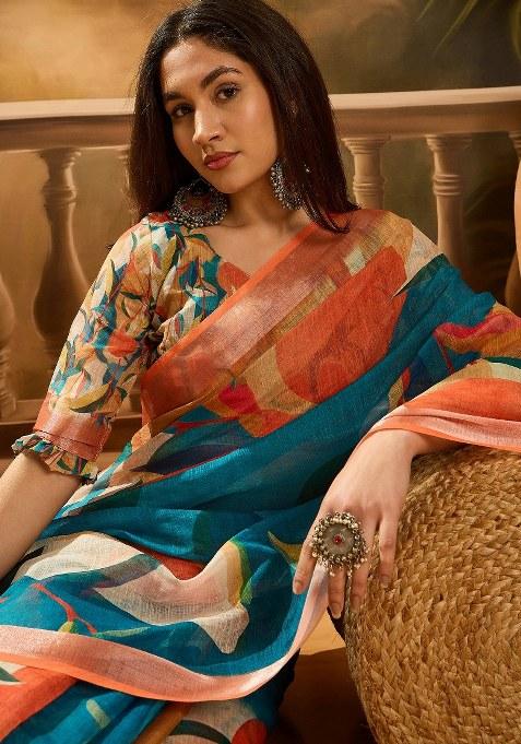 Multicolor Embroidered Cotton Blend Saree Set