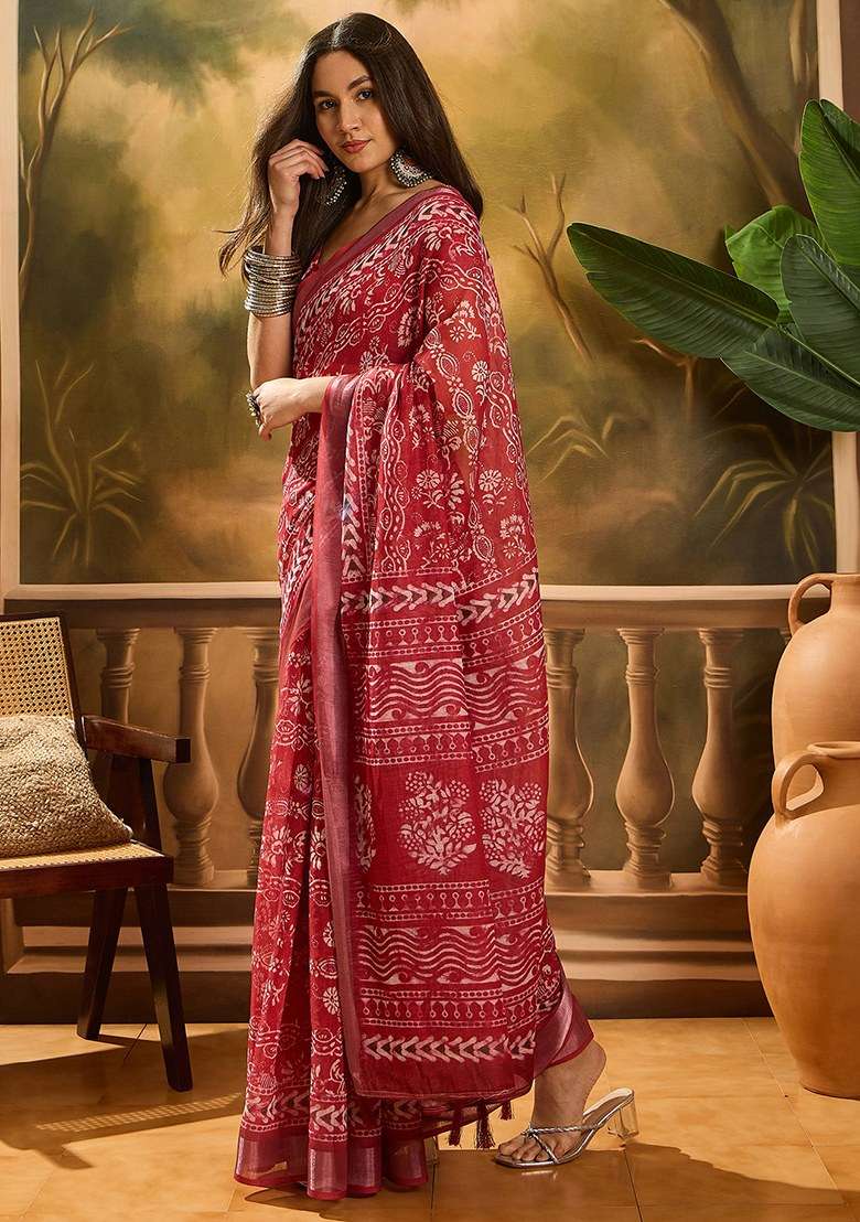 Red Embroidered Cotton Blend Saree Set for Diwali and Festive Wear - Indya