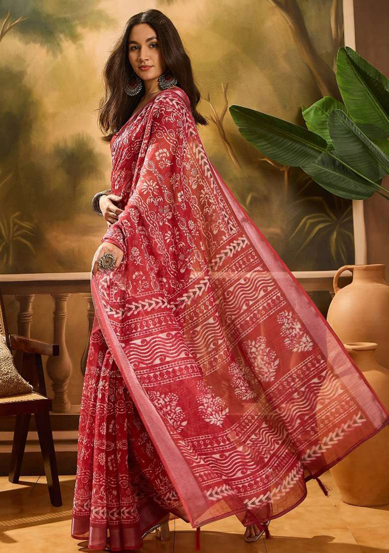 Red Embroidered Cotton Blend Saree Set for Diwali and Festive Wear - Indya