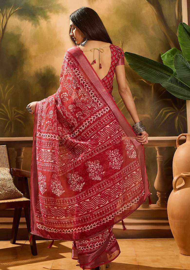 Red Embroidered Cotton Blend Saree Set for Diwali and Festive Wear - Indya