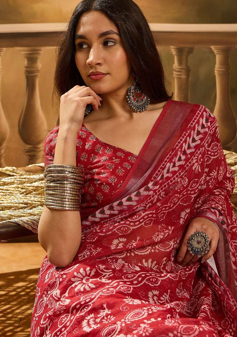 Red Embroidered Cotton Blend Saree Set for Diwali and Festive Wear - Indya