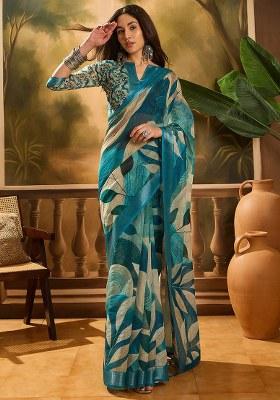 Blue Embroidered Cotton Blend Saree Set