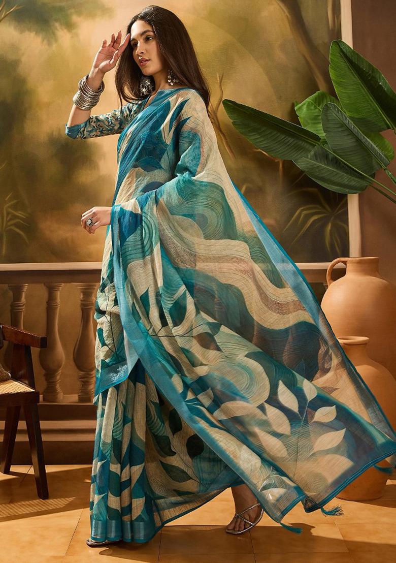 Blue Embroidered Cotton Blend Saree Set - Indya
