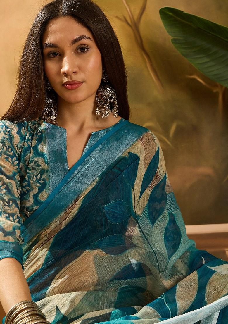 Blue Embroidered Cotton Blend Saree Set - Indya