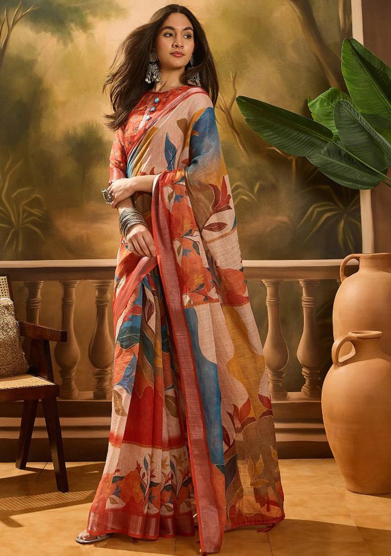 Multicolor Embroidered Cotton Blend Saree Set