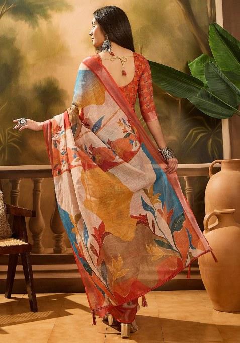 Multicolor Embroidered Cotton Blend Saree Set