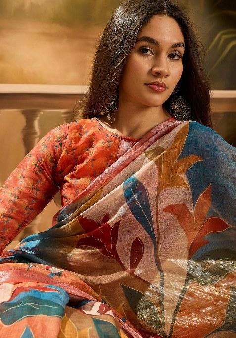 Multicolor Embroidered Cotton Blend Saree Set