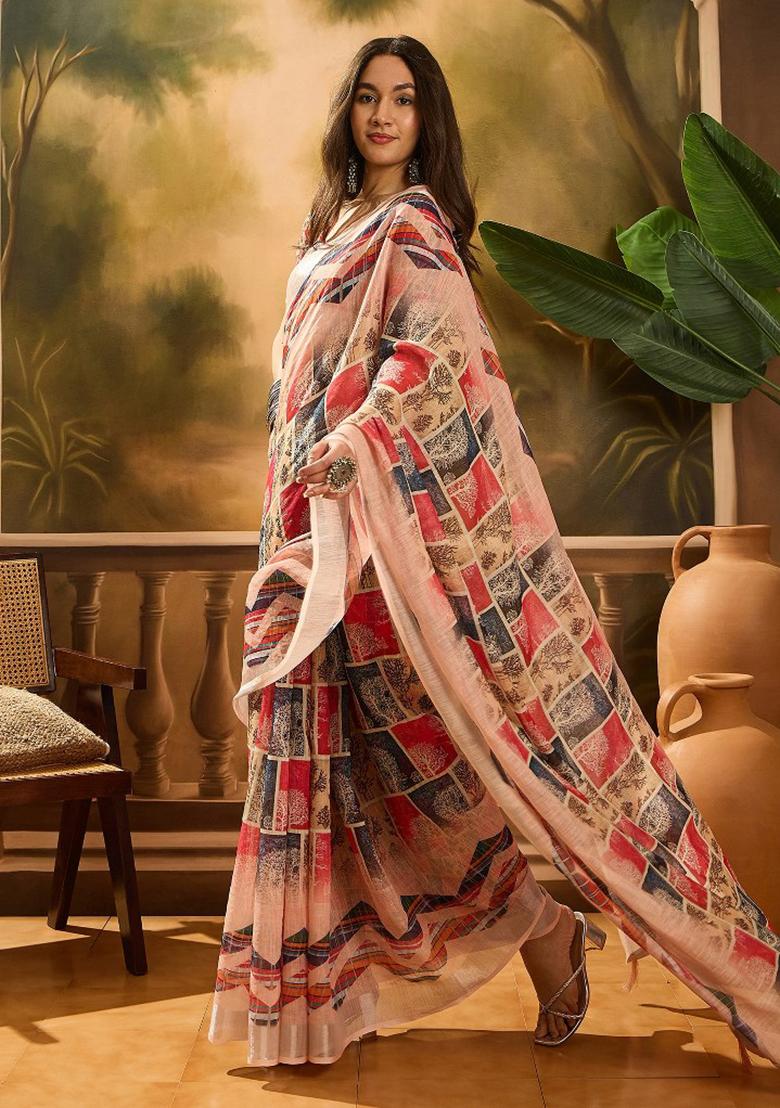 Multicolor Embroidered Cotton Blend Saree Set