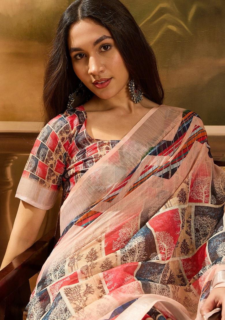 Multicolor Embroidered Cotton Blend Saree Set