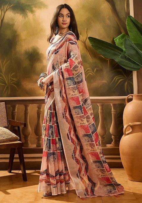 Multicolor Embroidered Cotton Blend Saree Set