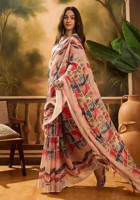 Multicolor Embroidered Cotton Blend Saree Set