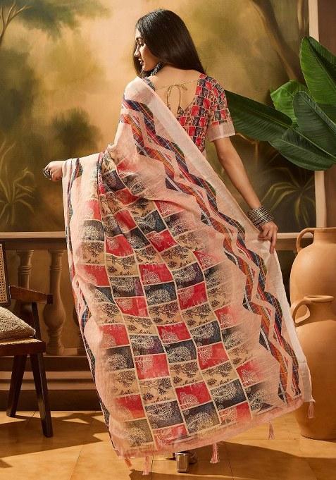 Multicolor Embroidered Cotton Blend Saree Set