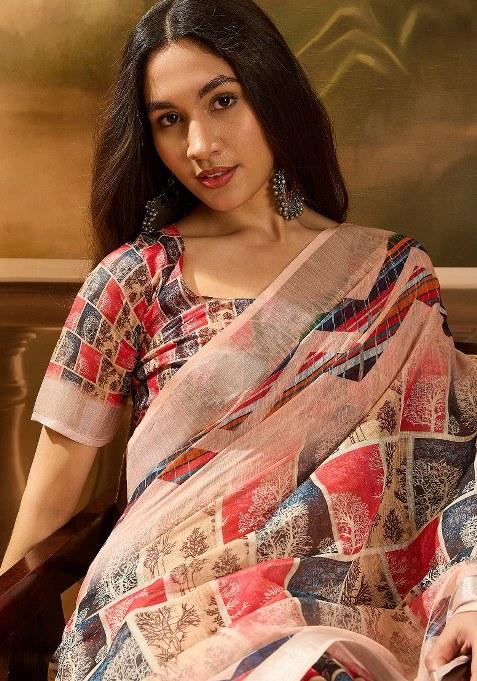 Multicolor Embroidered Cotton Blend Saree Set