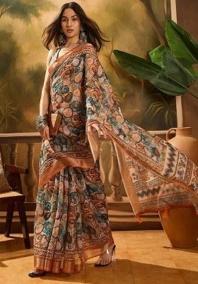 Multicolor Embroidered Cotton Blend Saree Set