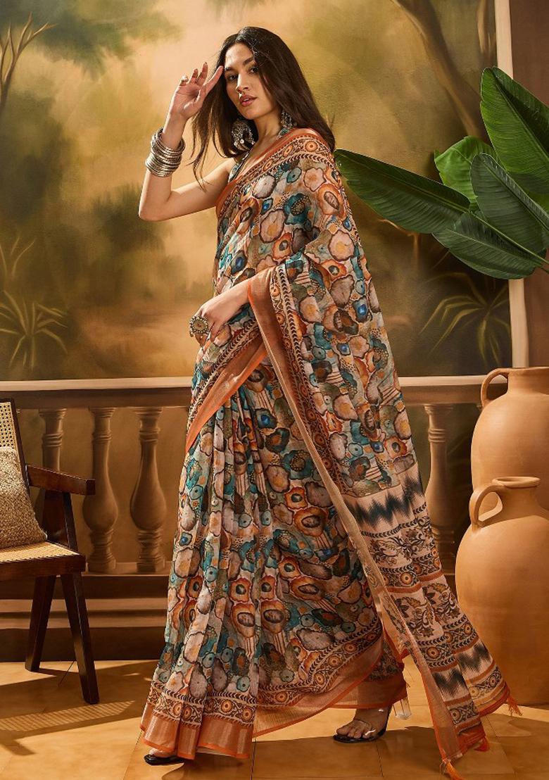 Multicolor Embroidered Cotton Blend Saree Set