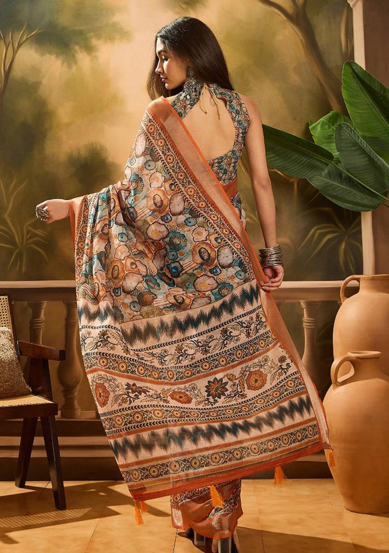 Multicolor Embroidered Cotton Blend Saree Set