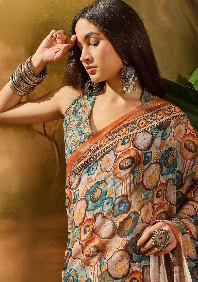 Multicolor Embroidered Cotton Blend Saree Set - Indya