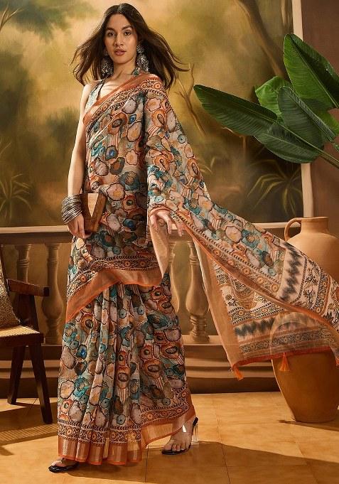 Multicolor Embroidered Cotton Blend Saree Set