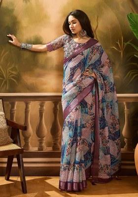Purple Embroidered Cotton Blend Saree Set