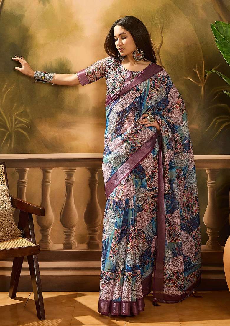 Purple Blend Cotton Saree Set with Embroidered for Diwali | Wedding & Festive Wear - Indya